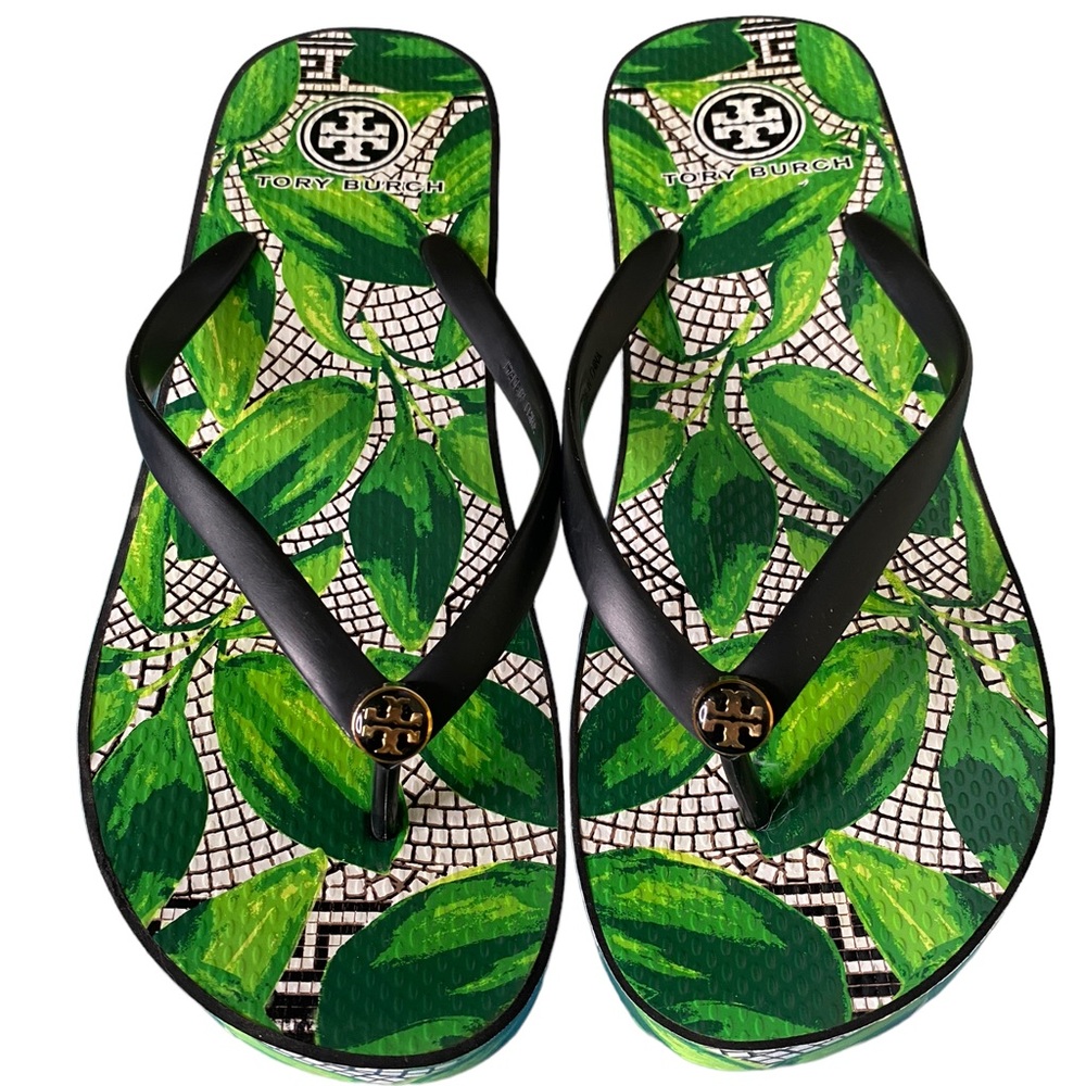Tory Burch Island Resort Platform Wedge Flip Flop Leaf & Mosaic Print Sandal 9.5